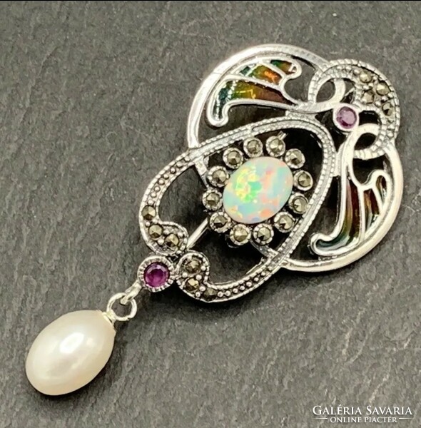 Special Art Nouveau silver pendant with noble opal, ruby, fire enamel and marcasite /925/ --new