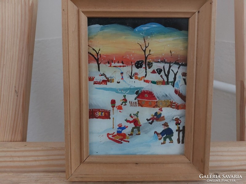 (K) beautiful naive style glass painting with 14x18 cm frame