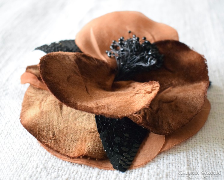 Art-deco style textile brooch, dress hat decoration, sequins, pearls, silk, velvet 14.5 cm