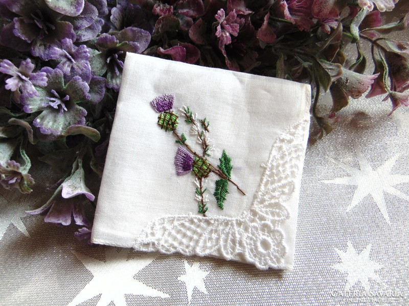 Thistle flower embroidered textile handkerchief