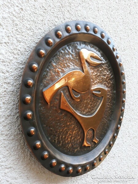 Retro iparművészeti bronz madaras falitál, 30 cm