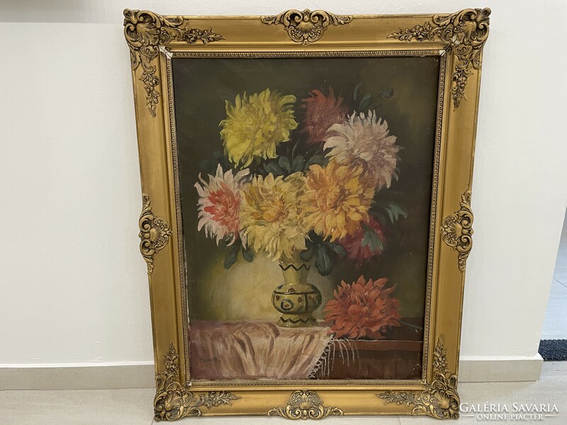 Old Czene béla flower still life painting picture in blonde frame antique