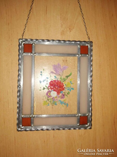Virág mintás festett üveg falikép 18*22 cm (b)