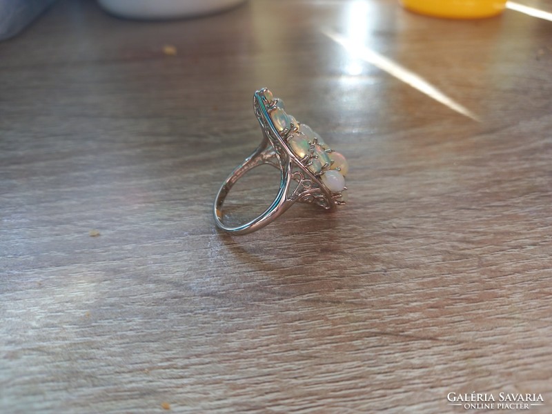 Genuine modern Australian noble opal silver ring with white gold 8.5