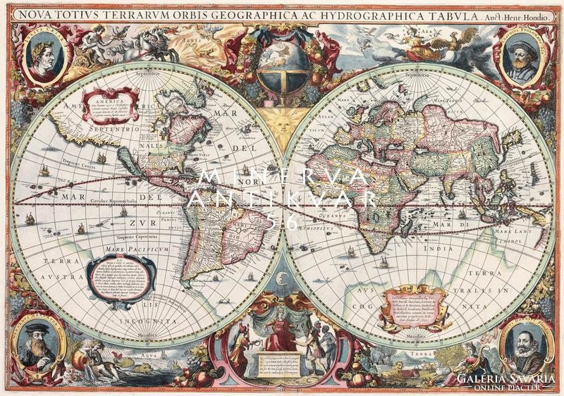 Antique old world map modern reprint hondius henrik 1630 nova totius terrarum orbis geographica