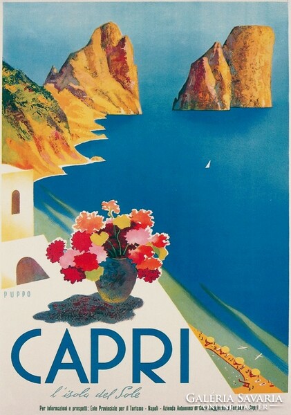 Vintage vacation travel advertising poster capri 1952, modern reprint, mediterranean sea coast island