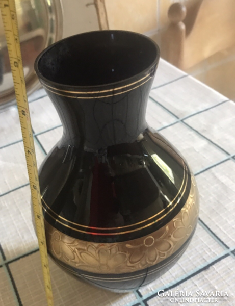 Old black hyalite glass vase, with gold relief decoration all around, 22 cm