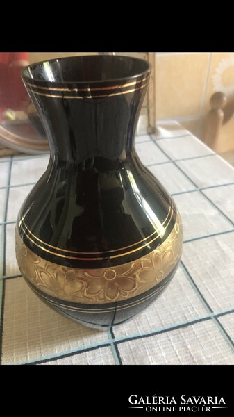 Old black hyalite glass vase, with gold relief decoration all around, 22 cm