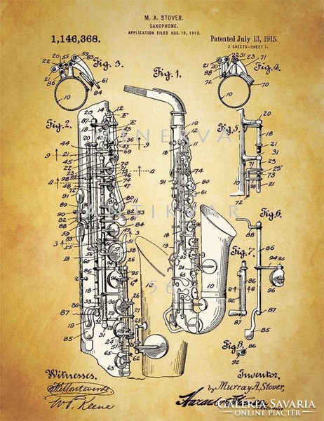 Prints of old saxophone stover 1915 patent drawings of classical instruments, classical music, jazz