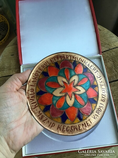 Old fire enamel for excellent party work in residential areas - mszmp Kecskemét city committee in a gift box