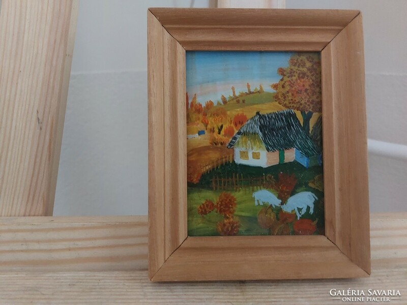 (K) beautiful naive style glass painting with 14x12 cm frame