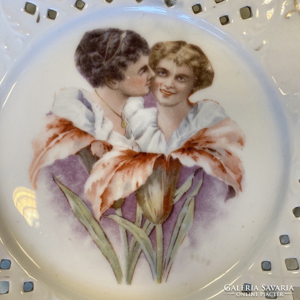 Antik Német kézzel festett porcelán tányér