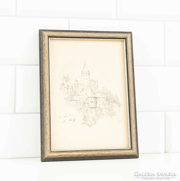 Gothic castle - pencil drawing in frame, under glass