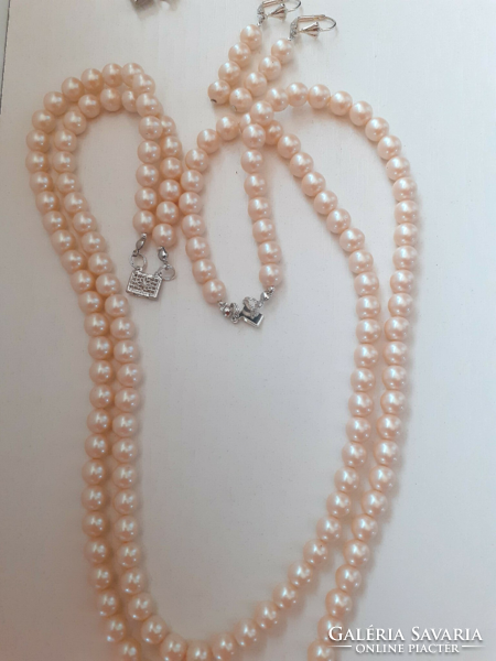 Retro 2-row tekla pearl necklace with jewelry switch and matching bracelet with hook-and-loop earrings
