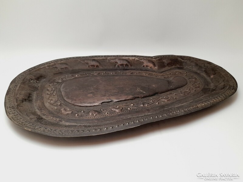 Old Sri Lankan shaped silver plated metal tray with elephants, 35.5 cm