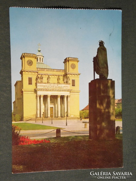 Detail of postcard, vác, cathedral, church, statue of Saint Stephen