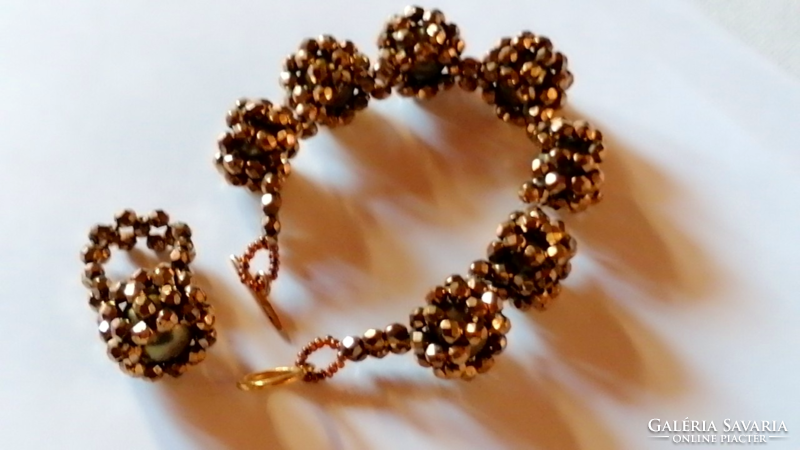 Retró bronz színű gyöngyökből kirakott karkötő és gyűrű, parti ékszer  617.