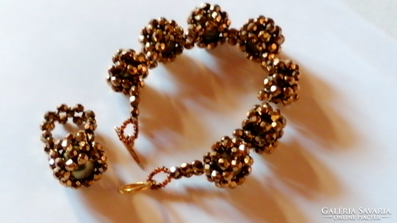 Bracelet and ring inlaid with retro bronze colored pearls, party jewelry 617.