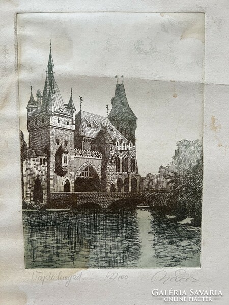 Colored etching of Vojdahunyad castle, without frame. Injured