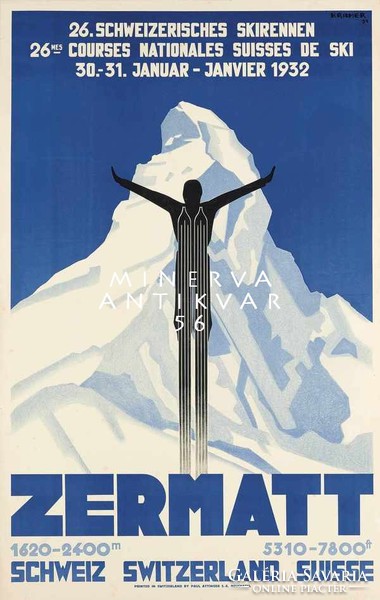 Art deco skiing skiing ski racing snow mountain peak winter sports Switzerland Zermatt 1932 vintage poster reprint