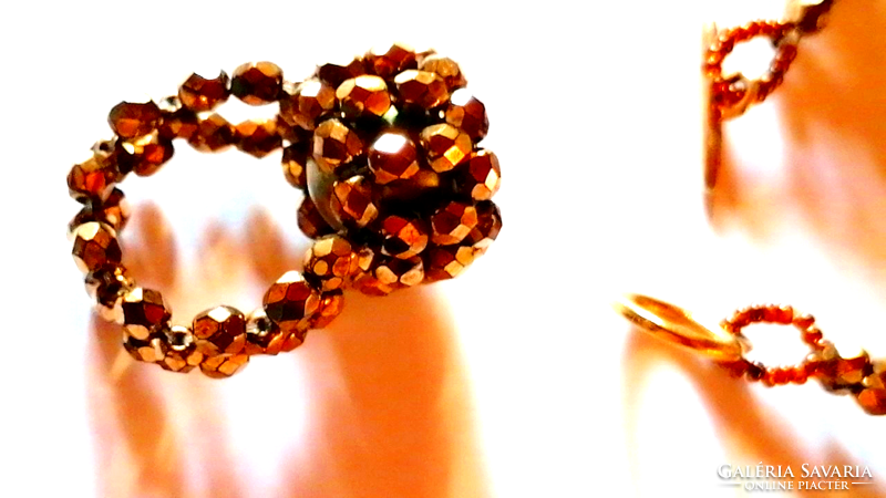 Bracelet and ring inlaid with retro bronze colored pearls, party jewelry 617.