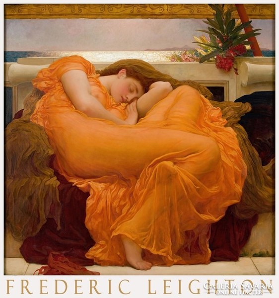 Frederic Leighton Lángoló június 1895 preraffaelita művészeti plakát, narancs ruha alvó lány portré