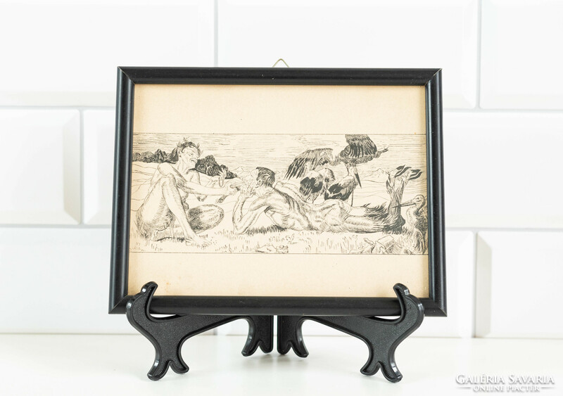 Fauns and storks - two satyrs in the field - etching framed, under glass