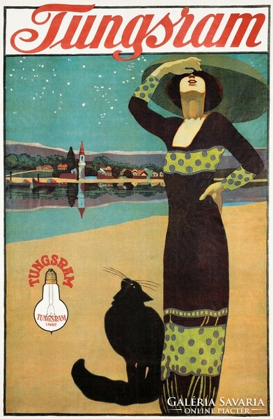 Vintage Tungsram reklám plakát reprint, Faragó Géza, fekete macska kalapos nő tópart csillagos ég