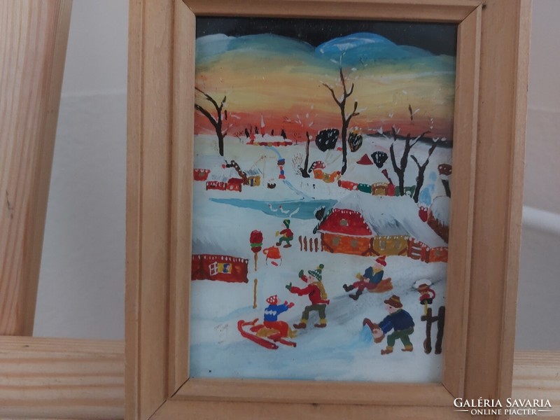 (K) beautiful naive style glass painting with 14x18 cm frame