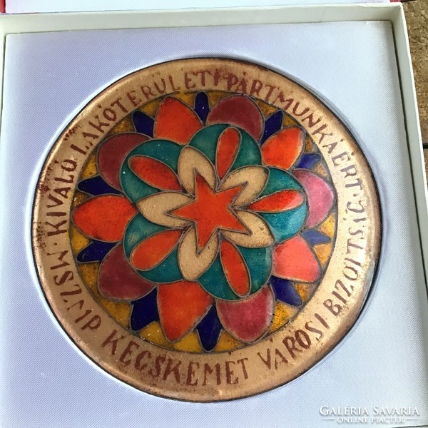 Old fire enamel for excellent party work in residential areas - mszmp Kecskemét city committee in a gift box