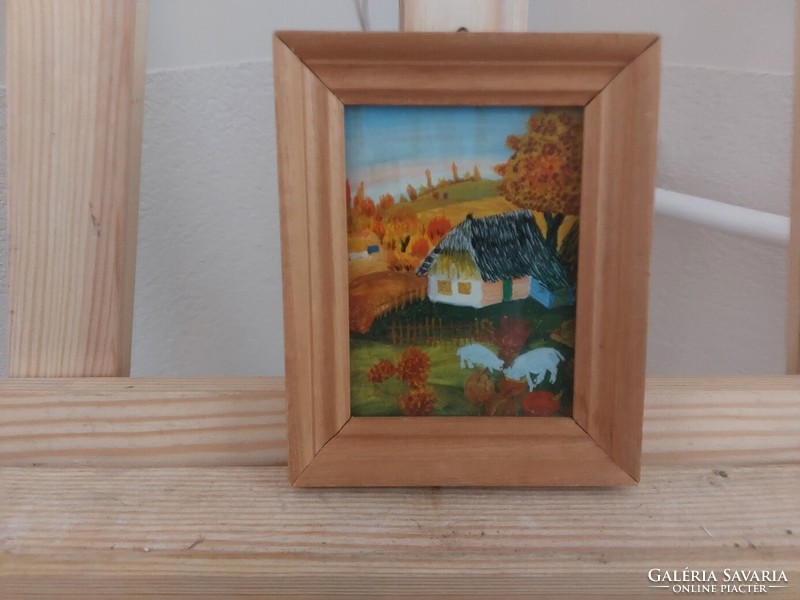 (K) beautiful naive style glass painting with 14x12 cm frame