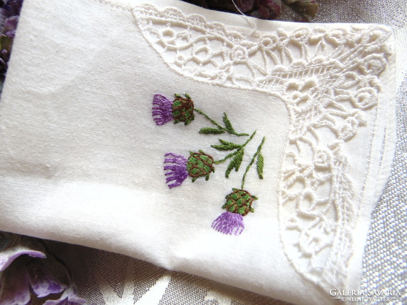 Thistle flower embroidered textile handkerchief