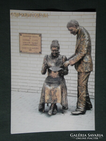 Postcard, Kiskunhalas, Halas Lace Museum, designer Árpád Dékan, lace maker Mária Markovics sculpture