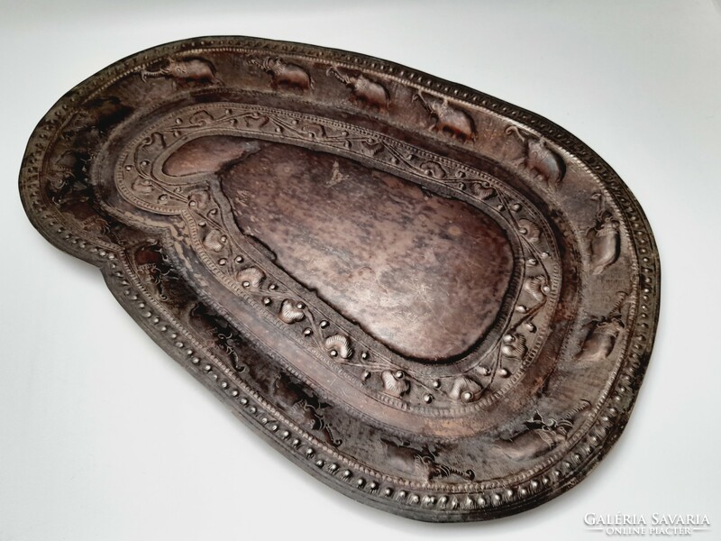 Old Sri Lankan shaped silver plated metal tray with elephants, 35.5 cm