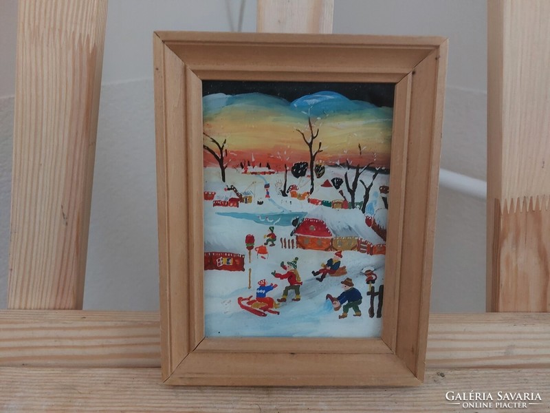 (K) beautiful naive style glass painting with 14x18 cm frame