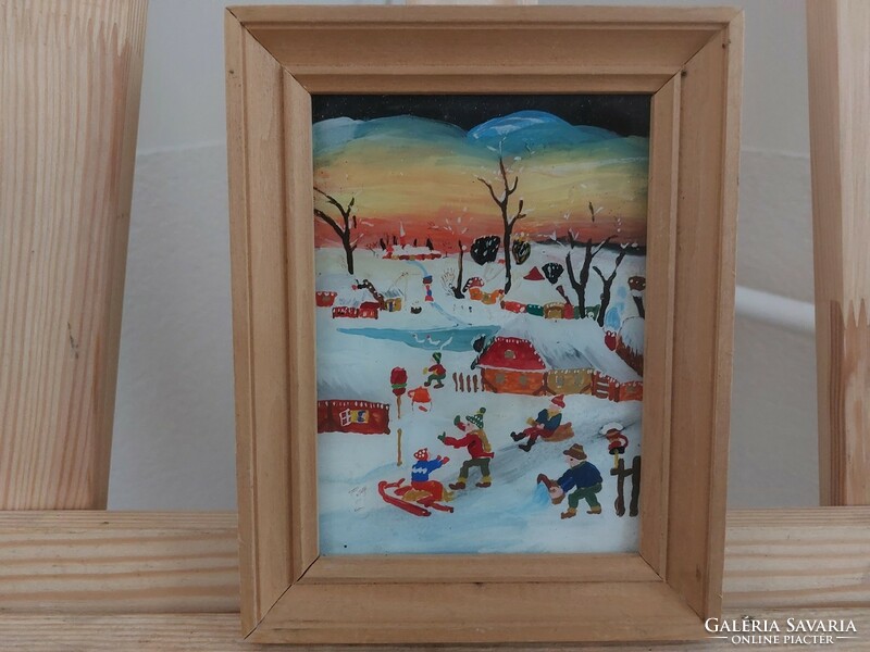 (K) beautiful naive style glass painting with 14x18 cm frame