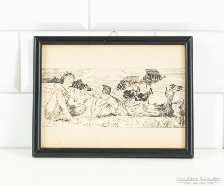Fauns and storks - two satyrs in the field - etching framed, under glass