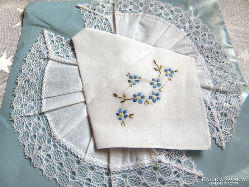 Lace-edged and forget-me-not embroidered textile handkerchief