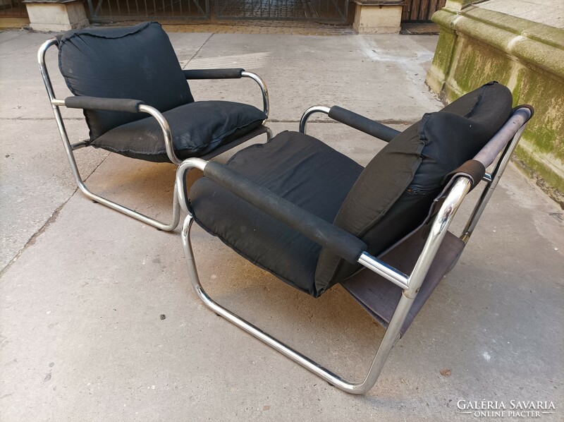 Scandinavian mid-century, chromed steel frame seating set, double sofa and armchairs