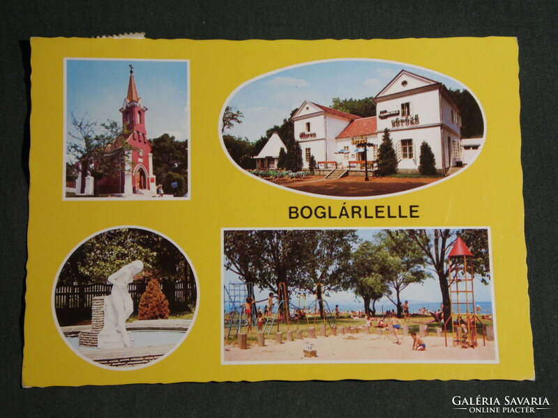 Postcard, Boglárlelle mosaic details, beach playground, Pannonia pub, church, fountain