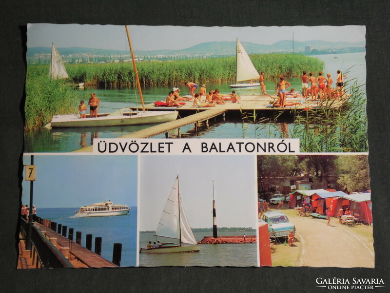 Postcard, balaton, mosaic details, pier, beach, sunbeds, camping, pleasure boat, sailing boat, view