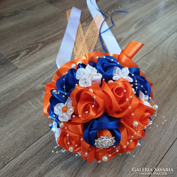 Wedding mcs23 - bridal bouquet of royal blue and orange satin roses with brooch