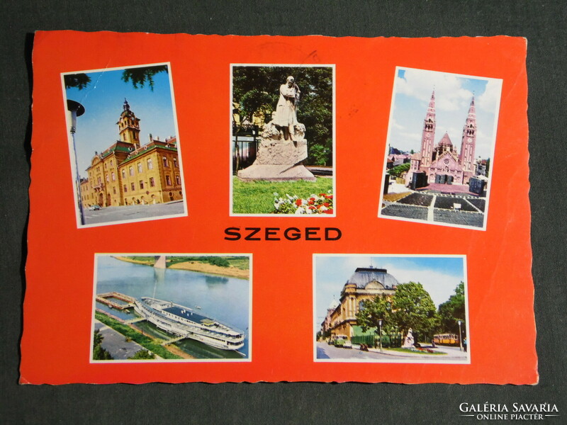 Postcard, Szeged mosaic details, cathedral, church, Dankó Pista statue, boat station, city hall, ticket office