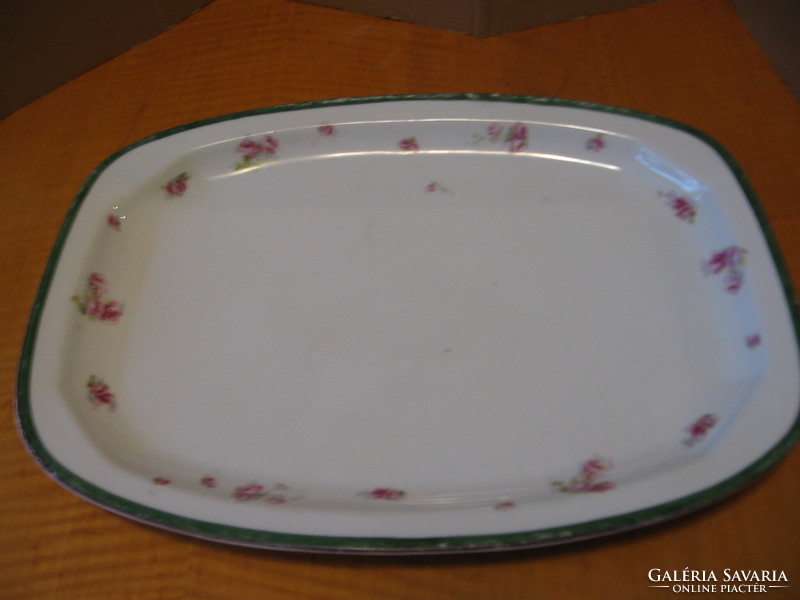 Antique roasting dish with small roses, the edge is green and antique gold