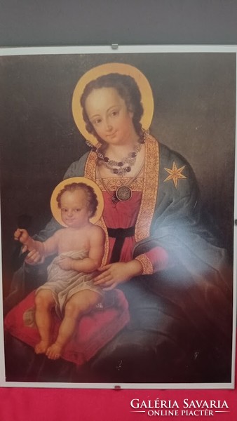 A/4 méretű szentkép, festmény reprodukció, Szűz Máriát és a kis Jézust ábrázoló kép modern keretben