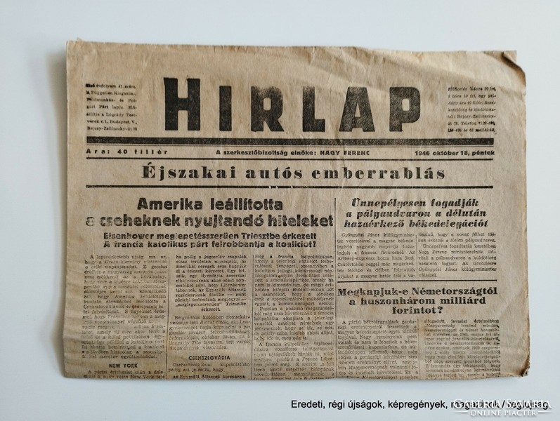 1946 október 18  /  HIRLAP  /  SZÜLETÉSNAPRA :-) Eredeti, régi ÚJSÁG Ssz.:  26836