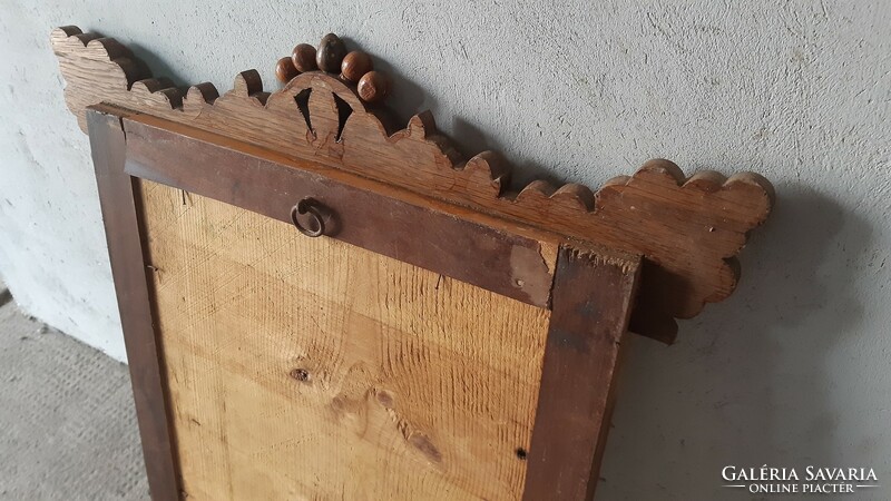 Folk, handmade, 33x38 cm mirror, with a carved, defective wooden frame