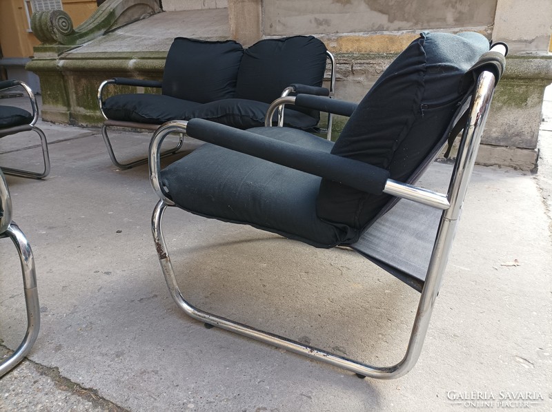 Scandinavian mid-century, chromed steel frame seating set, double sofa and armchairs