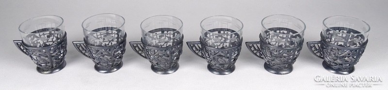 1Q260 set of 6 silver-plated metal glasses with old applied art glass inserts