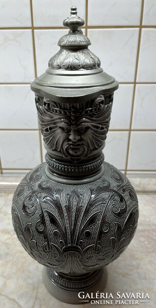 Faun-headed pewter cup, engraved stone jug for istóczy, Merkelbach